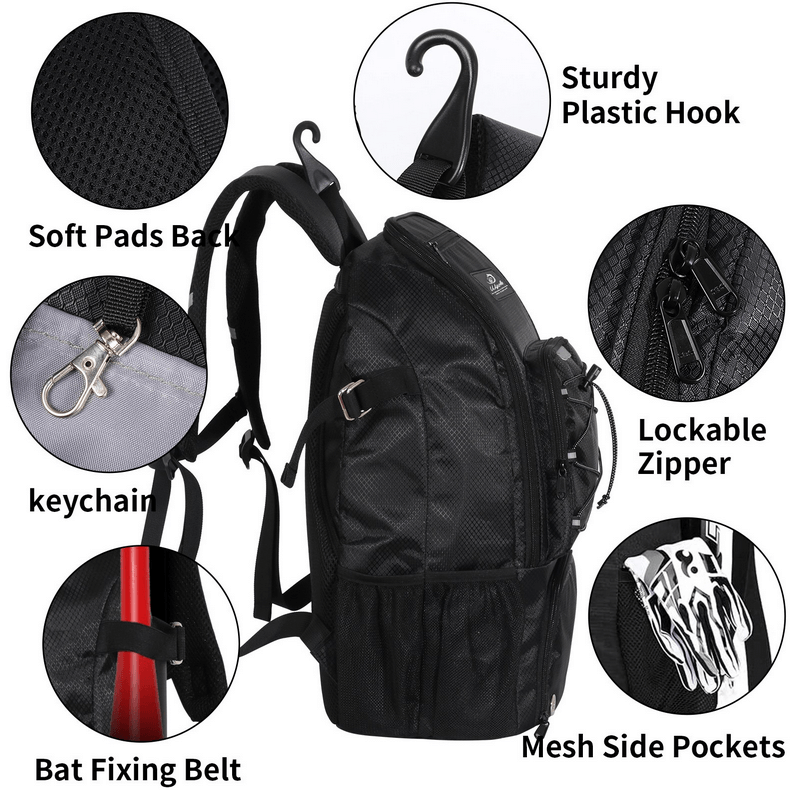 Stylish black sports backpack with spacious design, lockable zipper, mesh side pockets, bat fixing belt, and soft padded back for comfort.